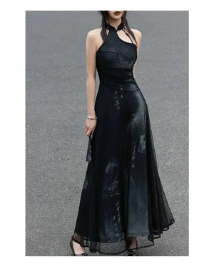 Iris Shadow – Sleeveless Grey Ombre Qipao | New Chinese Style Knitted A-Line Maxi Dress - Yandan_Hanfu