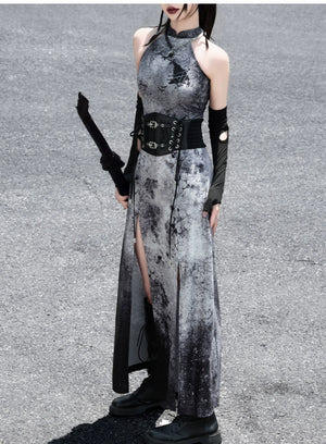 蛇魅 · Wasteland Gray Cheongsam – Split Hem, Off-Shoulder, New Chinese Style - Yandan_Hanfu