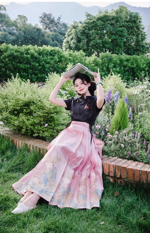 Yu Bai Green & Pink Hanfu Weaving Gold Horse Dress Crane Symphony - Yandan_Hanfu