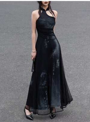 Iris Shadow – Sleeveless Grey Ombre Qipao | New Chinese Style Knitted A-Line Maxi Dress - Yandan_Hanfu