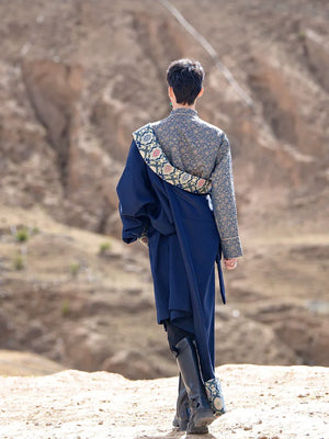 Blue Tibetan Men's Robe – Traditional Winter Coat with Ethnic Style and Modern Elegance - Yandan_Hanfu