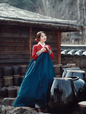 Traditional Korean Hanbok Wedding Dress in vibrant red and blue, designed for national stage dances and ceremonial occasions.