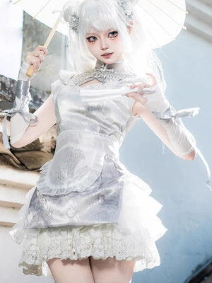 New Chinese style white Dress Cheongsam Maid Apron Short Dress Lolita - Yandan_Hanfu