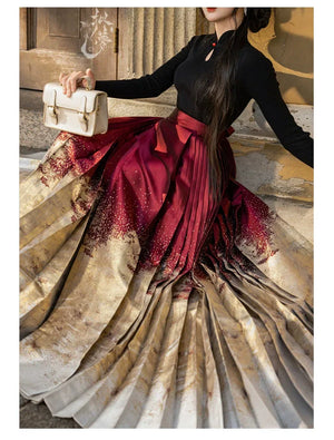 Lunar Spring River – Red Hanfu Maxi Skirt Set, New Chinese Style 6-Meter Hem Mamian Skirt with Knit Top & Wool Coat - Yandan_Hanfu