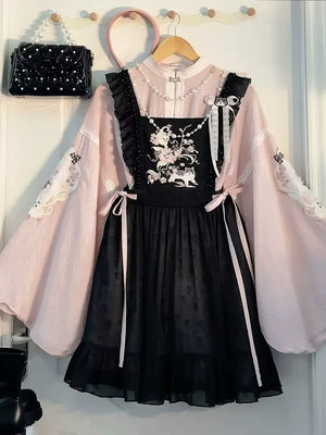 Sweet Rebel Cat – Modern Lolita Hanfu Women's Set | Mandarin Collar Long Robe with Sheer Overlay Skirt - Yandan_Hanfu