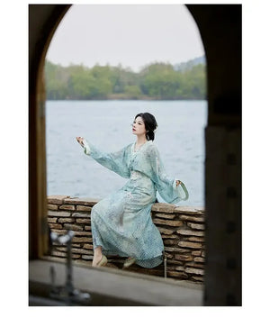 Whisper of Spring – Embroidered Blue Hanfu Dress with Waist Sash | Elegant Straight-Cut Robe in New Chinese Style - Yandan_Hanfu