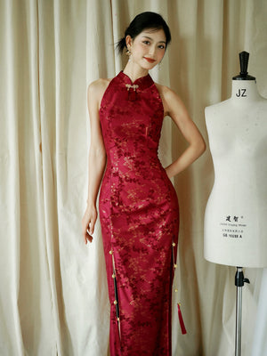"Jubilee Bell" Red Cheongsam Shawl Bridal Toast Engagement Dress - Yandan_Hanfu