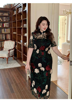 Plus size cheongsam with heavy floral embroidery and lace, styled in a classic library setting for a refined China style look.