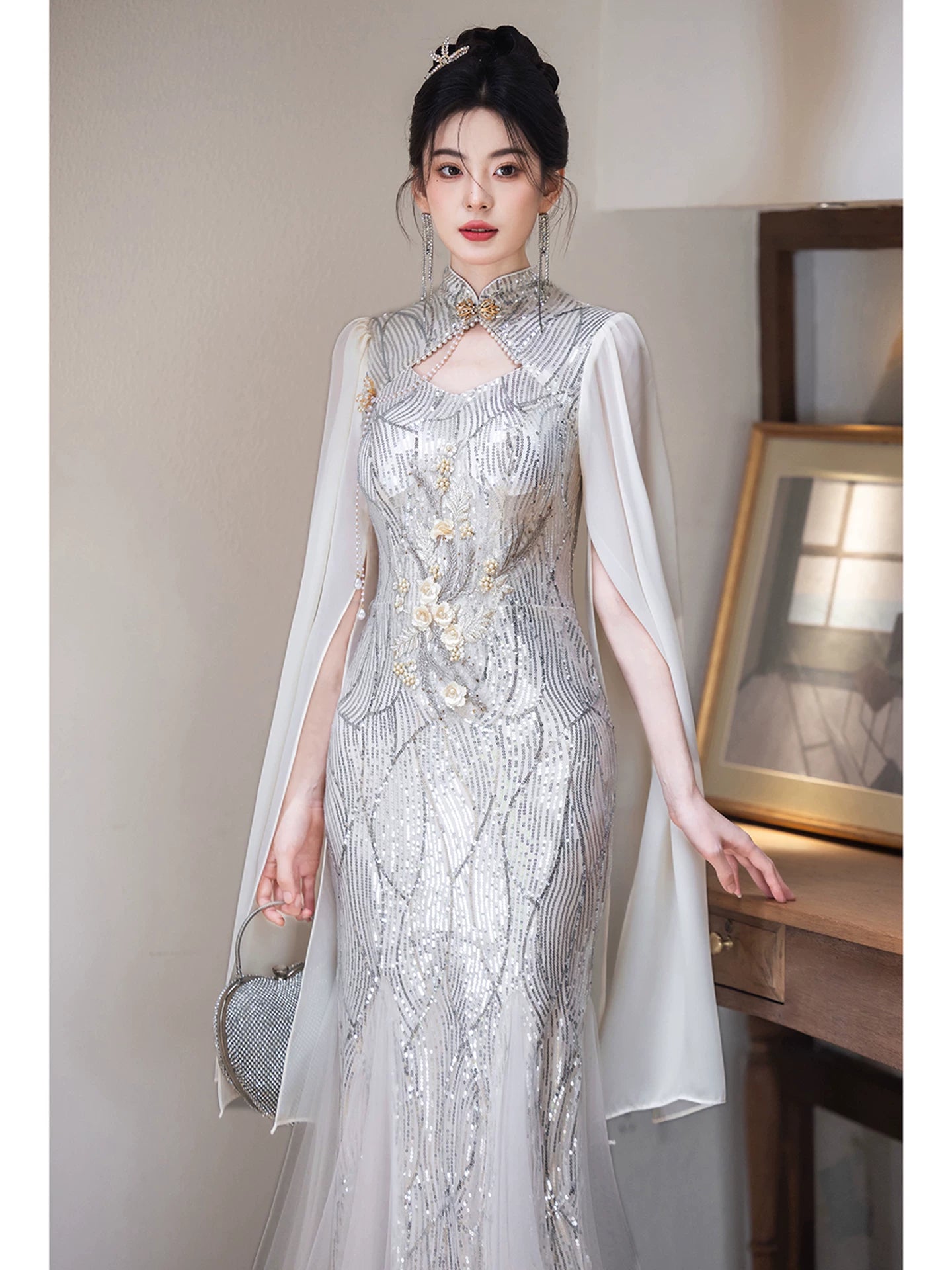 Silver New Chinese Style Performance Evening Dress | Guzheng Host Ethnic Vocal Music Gown