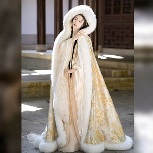 Gold Winter Fur Cape – Hanfu Cloak for Women | Thick, Warm & Elegant Festive Outerwear - Yandan_Hanfu
