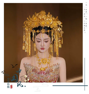 Bride Golden Curtain Flower Happy Chinese Wedding Show Headdress Hair Accessories - Yandan_Hanfu