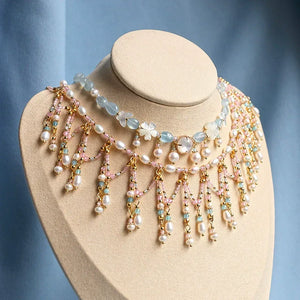 Butterfly Shell & Aquamarine Pearl Necklace – Hanfu Yingluo Accessory with Original Design - Yandan_Hanfu