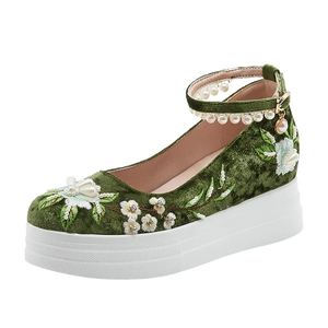“Mermaid’s Tear – Jade Lace” Embroidered Hanfu Shoes | Hidden Wedge Traditional Chinese Flats - Yandan_Hanfu