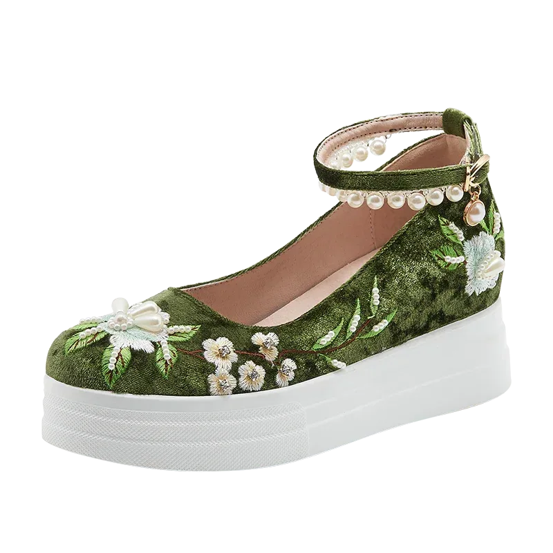 “Mermaid’s Tear – Jade Lace” Embroidered Hanfu Shoes | Hidden Wedge Traditional Chinese Flats - Yandan_Hanfu