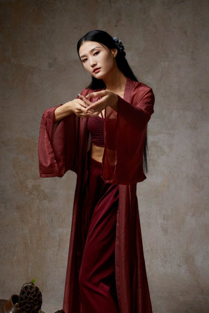 Wine red tencel cardigan dance pose, classical attire