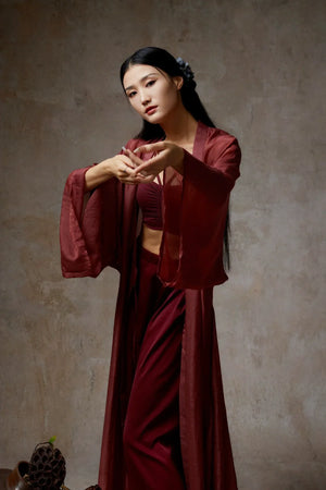 Elegant Wine Red Sheer Tencel Cardigan – Flowing Classical Dance Performance Outfit - Yandan_Hanfu