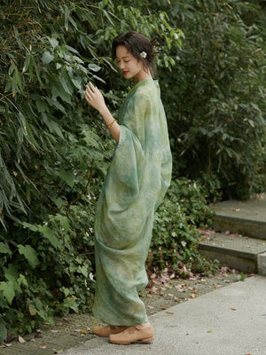 100% Ramie Modern Chinese Dress – Green Tie-Dye Print with Loose Silhouette & Camisole Layer - Yandan_Hanfu