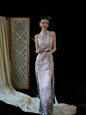 "Pink Bell" Pink Jacquard Bell Cheongsam/Qipao Shawl Bridal Dress - Yandan_Hanfu