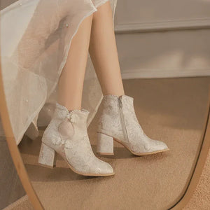 Pearl-Embellished Lift Boots – Modern Oriental Short Ankle Boots for Hanfu & Qipao - Yandan_Hanfu