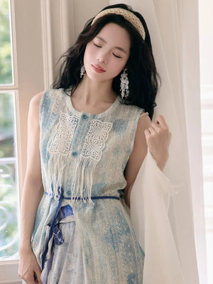 "Moran Canglan" Blue Modern Hanfu – Sleeveless Bijia Dress with Flowing Skirt & Han Elements for Spring/Summer - Yandan_Hanfu