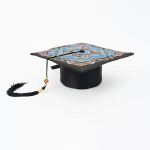 2025 Chinese style graduation top hat in black with blue and red embroidery, featuring a decorative tassel and traditional design.