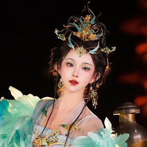 Song of the Peacock Plume – Gold-Plated Hanfu Headdress Set with Tassels & Crown Ornament - Yandan_Hanfu