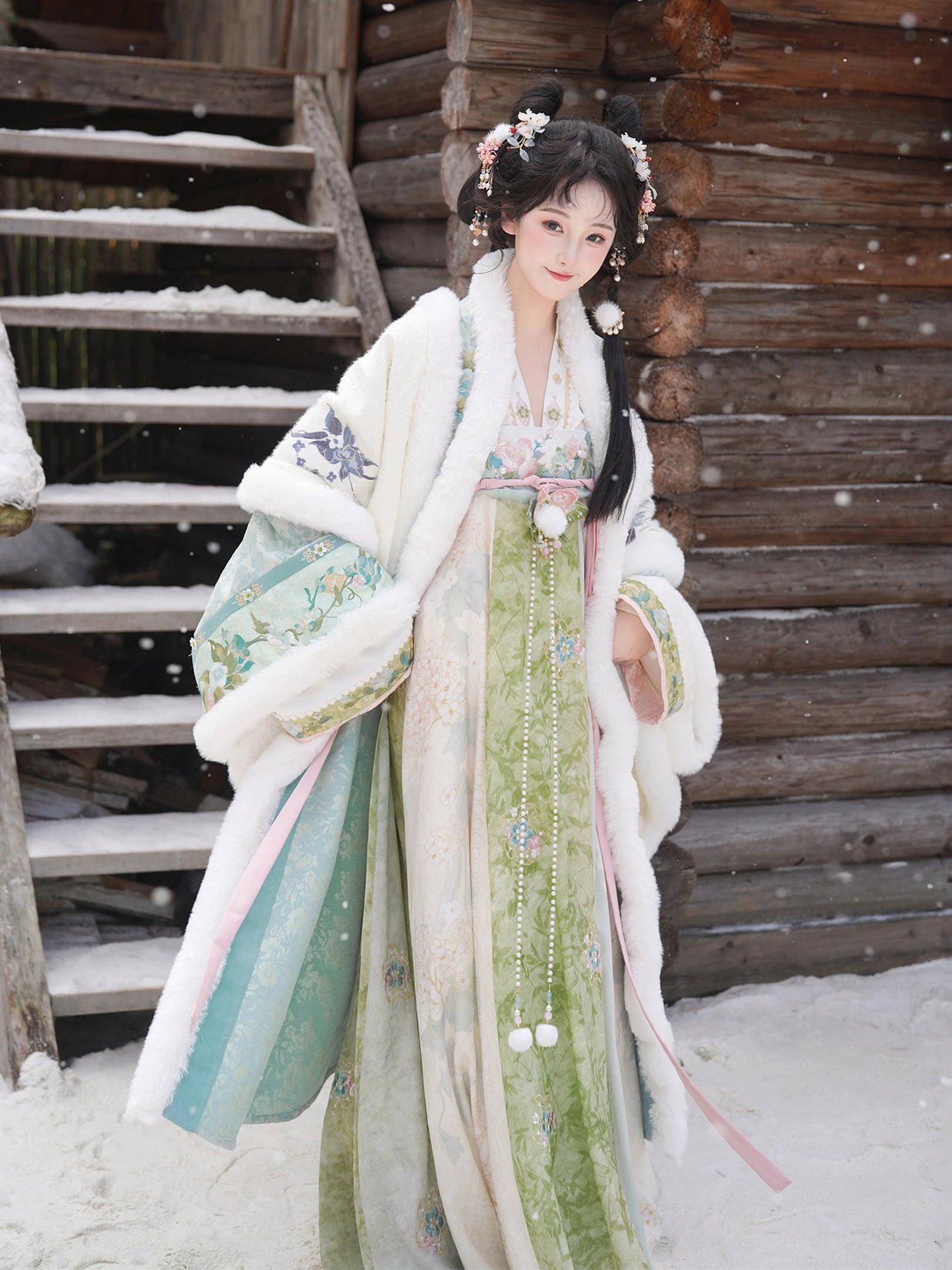 Verdant Atelier – Winter Tang-Style Hanfu Set with Cloak, Cross-Collar Top & Qi-Chest Skirt