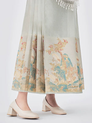 Yu Bai Green & Pink Hanfu Weaving Gold Horse Dress Crane Symphony - Yandan_Hanfu