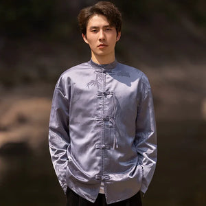 Bamboo leaf print disc buckle Tang suit men's retro Chinese style shirt - Yandan_Hanfu