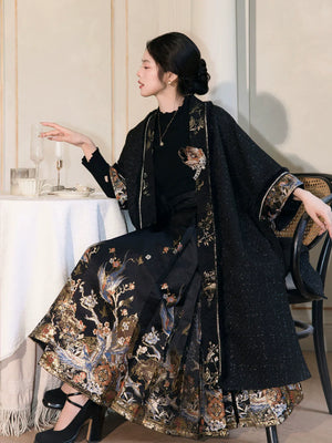 Spring Mountain Dragon – New Chinese Style Hanfu Set | Brocade Ma Mian Skirt with Embroidered Cape and Floral Gold Weave - Yandan_Hanfu