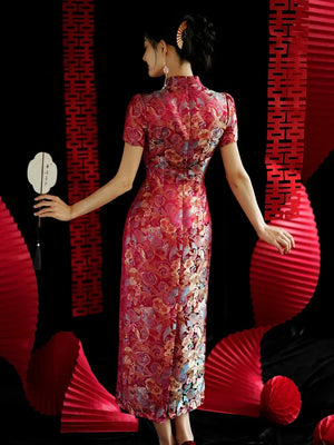 Yue Xi – Red Embroidered Jacquard Qipao for Wedding, Engagement & Tea Ceremony - Yandan_Hanfu