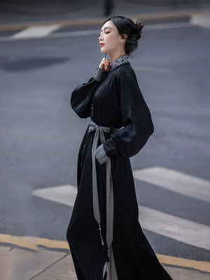 New Chinese style | Everyday stand-up collar dress shirt long skirt - Yandan_Hanfu