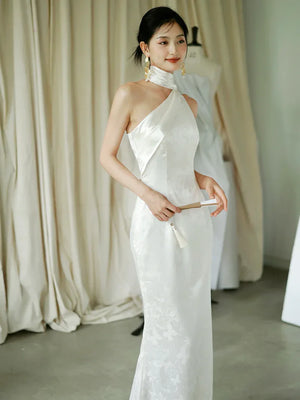 "Pianrou" White Jacquard Ribbon Morning Gown Knot Bridal Toast Dress Engagement Banquet Bar Mitzvah - Yandan_Hanfu