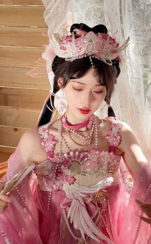 Pink Hanfu women's large-sleeved shirt chest-length embroidery spring and summer - Yandan_Hanfu