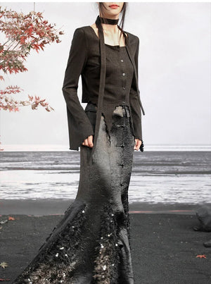 New Chinese Style: Exquisite and elegant sequined feather satin skirt suit with dark fishtail skirt& black flared sweater top - Yandan_Hanfu