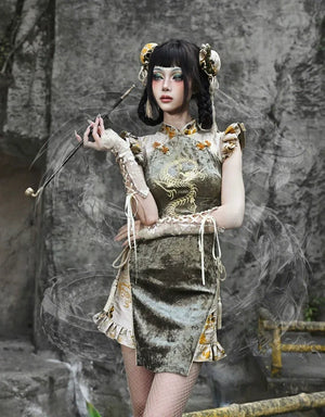 Spring Dragon Festival, Embroidered Short Cheongsam Dress Halloween - Yandan_Hanfu