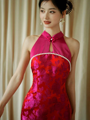 "Chuni" dragon fruit color jacquard cheongsam bride - Yandan_Hanfu