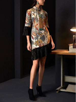 Retro cheongsam splicing velvet split jacquard dress - Yandan_Hanfu