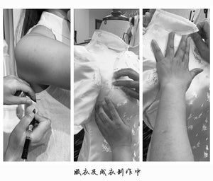 Tailoring process of the "Autumn Rhyme" Yellow Cheongsam Wedding Dress, highlighting custom bridal craftsmanship.