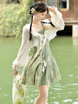 【Whisper of Bamboo】 Sweet Hanfu-Inspired Dress – Modern Chinese Style with Camisole Design - Yandan_Hanfu
