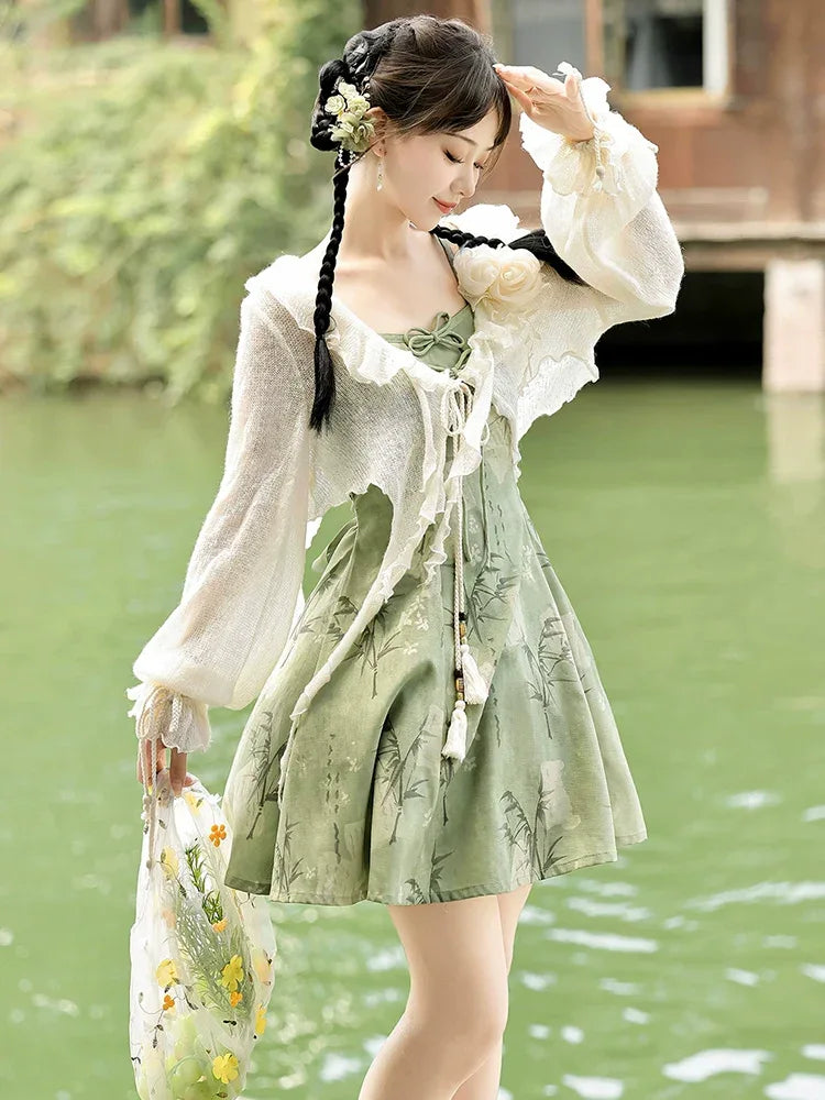 【Whisper of Bamboo】 Sweet Hanfu-Inspired Dress – Modern Chinese Style with Camisole Design - Yandan_Hanfu