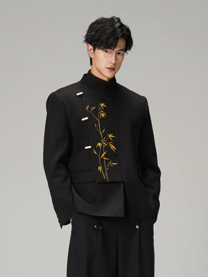 Golden Bamboo Embroidered Mandarin Blazer – Black New Chinese Unisex Jacket - Yandan_Hanfu