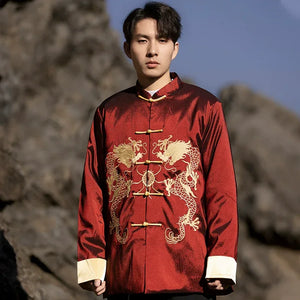 Chinese style dragon pattern embroidery retro Tang suit men's buckle winter cotton-padded jacket - Yandan_Hanfu