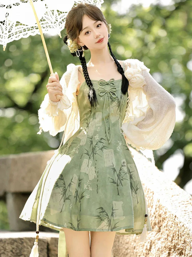 【Whisper of Bamboo】 Sweet Hanfu-Inspired Dress – Modern Chinese Style with Camisole Design - Yandan_Hanfu