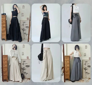 Tied Harmony – Unisex Wide-Leg Pants | New Chinese Style High-Waist Pleated Trousers with Belted Design - Yandan_Hanfu