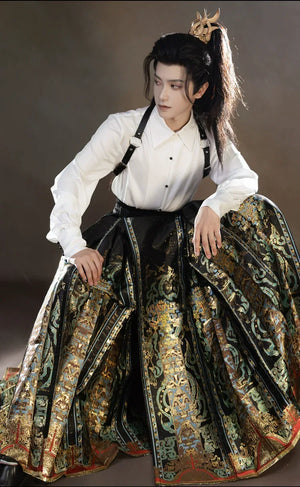 Unisex Hanfu Set – Inlaid Bronze-Inspired Brocade Horse-Face Skirt in Modern Chinese Style - Yandan_Hanfu