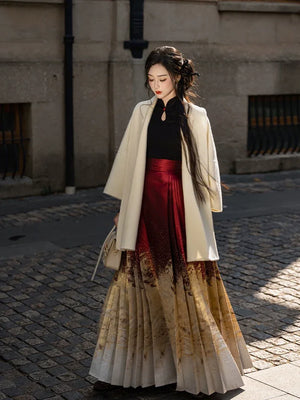 Lunar Spring River – Red Hanfu Maxi Skirt Set, New Chinese Style 6-Meter Hem Mamian Skirt with Knit Top & Wool Coat - Yandan_Hanfu