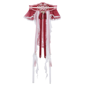 Detailed waist seal for Red Hanfu Dress New Chinese Feather Rust Waist Seal Suspender Skirt featuring floral embroidery and hanging charms.
