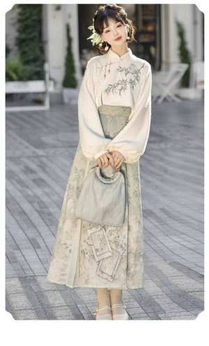 Women's Hanfu dress set by Lixiang with embroidered top and printed skirt, blending traditional Chinese elements with modern fashion.