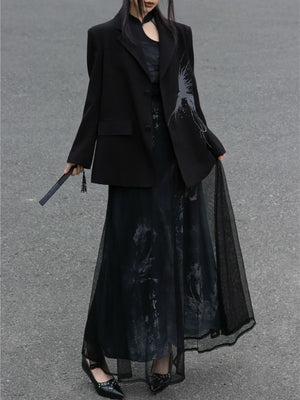 Iris Shadow – Sleeveless Grey Ombre Qipao | New Chinese Style Knitted A-Line Maxi Dress - Yandan_Hanfu